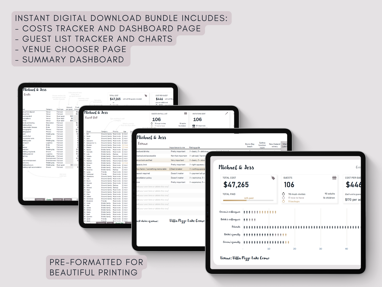 Wedding Budget Spreadsheet | Plan your costs, guest list and venue | Excel full planner template bundle