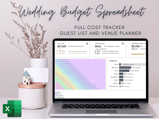 Wedding Budget Spreadsheet | Plan your costs, guest list and venue | Excel full planner template bundle